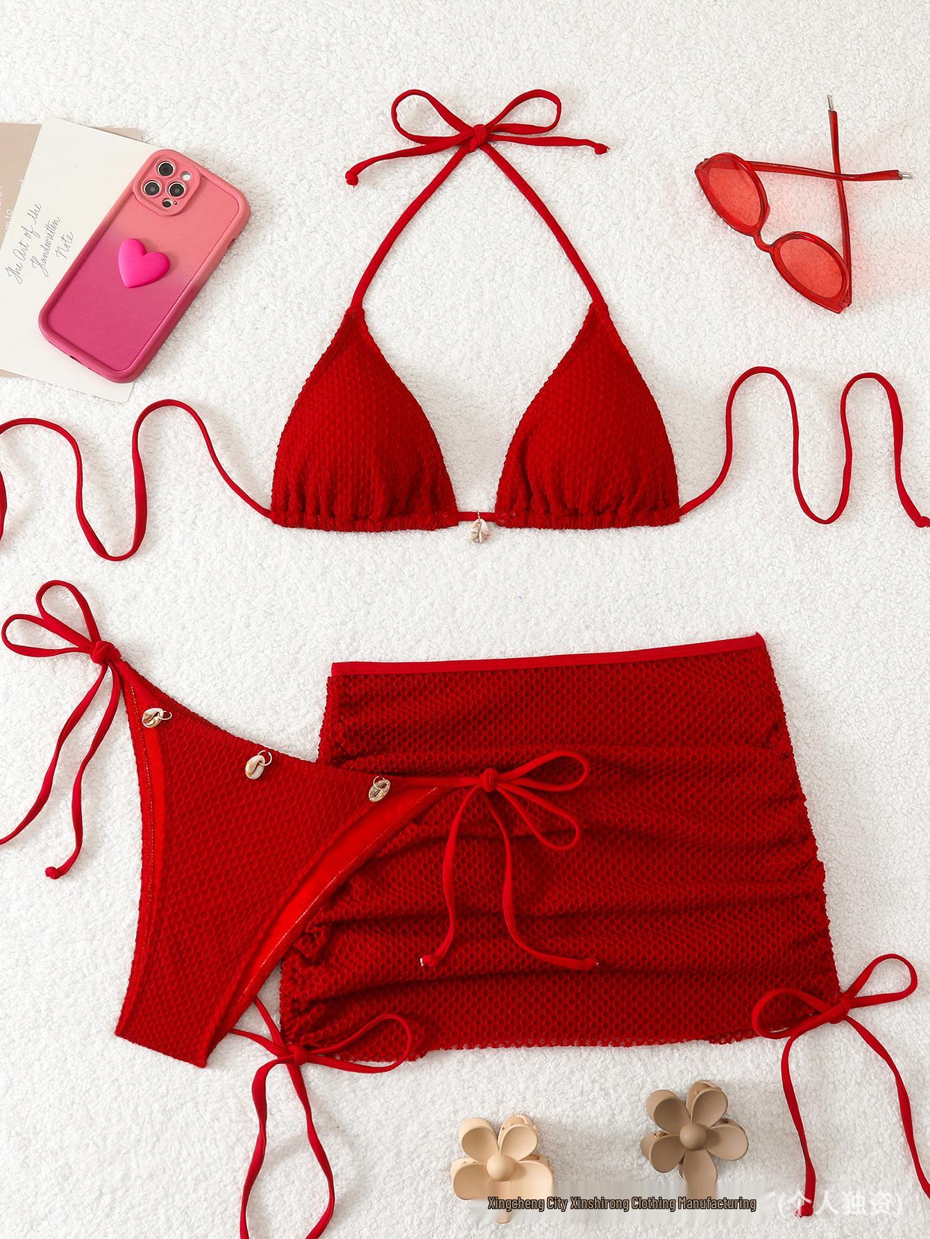 

2026 European-American Fashion: Sexy Solid Color Bikini, 3-Piece Triangle Bottom Swimwear for Women XL