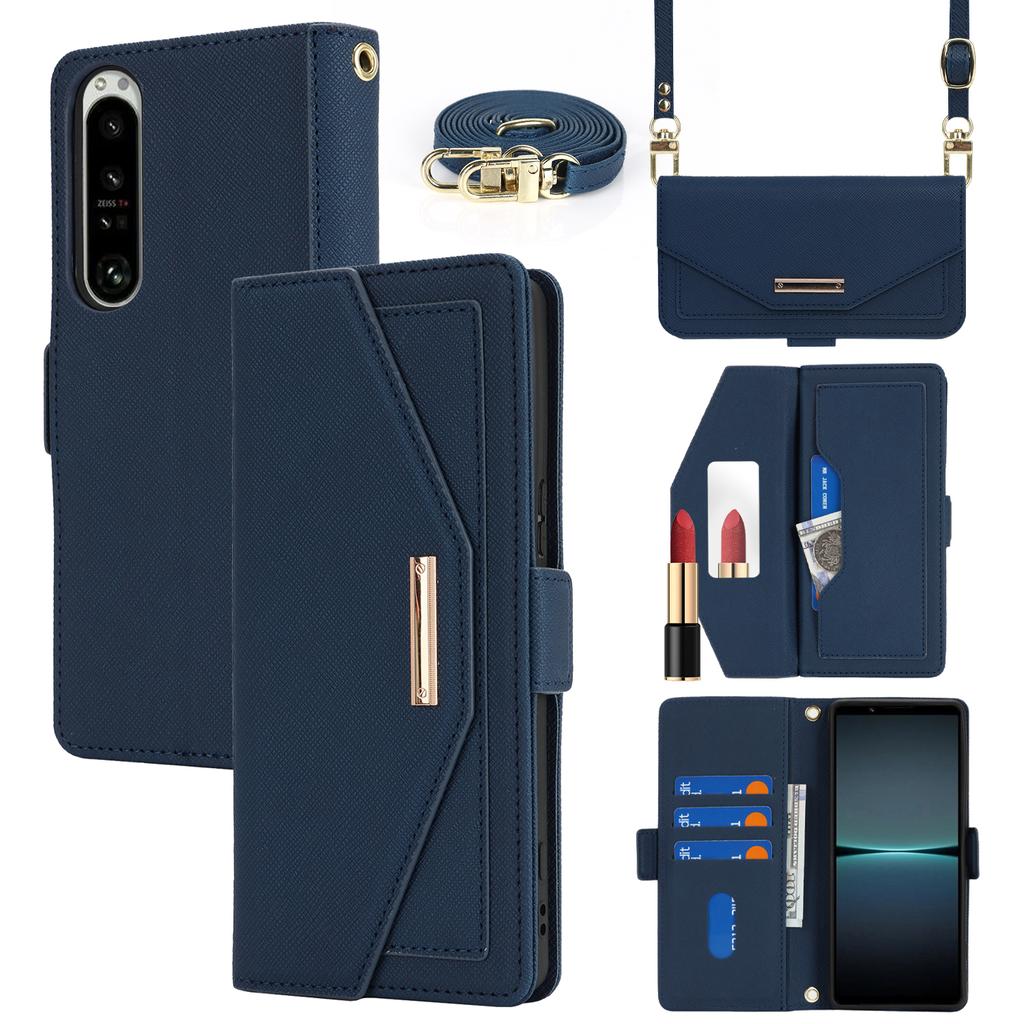 For Sony Xperia 1 IV 5G Stand Case Cross Texture PU Leather Wallet Phone Cover with Shoulder Strap/Makeup Mirror