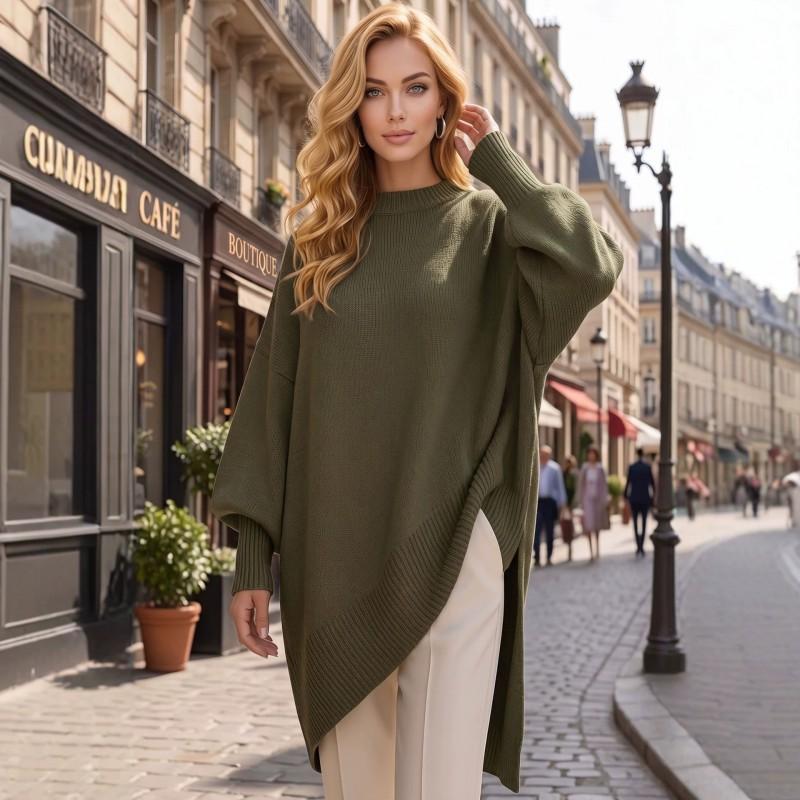 Womens Loose Fit Pullover Sweater Solid Color Long Sleeve Round Neck Knit Top Fall 2025