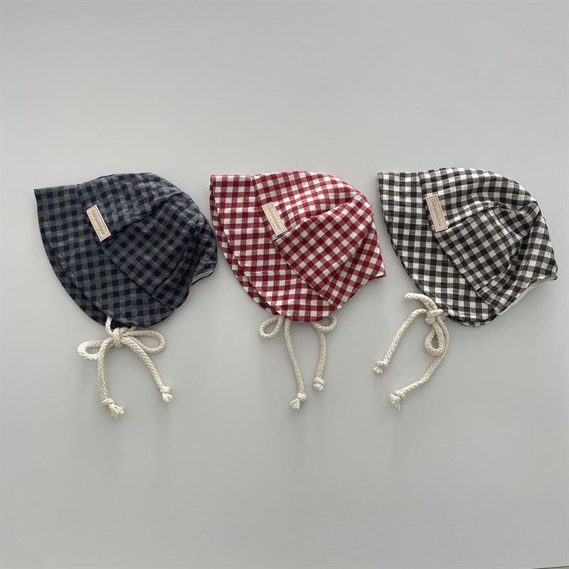 Summer Baby Bucket Hat 48-50cm 6-30M Plaid Cotton Infant Sun Hat Toddler Windproof Tie Up Cap Newborn Boy Girl Outdoor Beach Cap