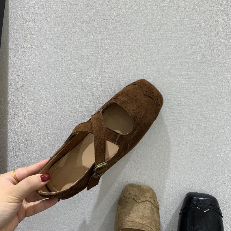 Retro Square Head Suede Light Mouth Single Shoes Women's Autumn New Korean Version Cross Belt Ballet Style Flat Mary Jane Shoes