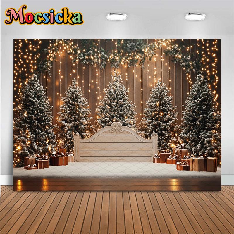 Mocsicka Christmas Tree Backdrop Photography Winter Snow White Palace Bed Photo Background Indoor Wooden Wall Lamp Decors Banner