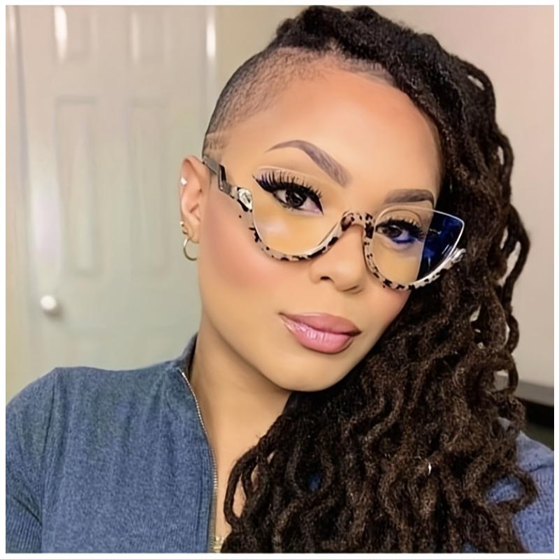 Man Women's Trendy Half Frame Cat Eye Glasses Fashionable Light Casual Glasses Diamond Studded Retro Flat Mirror