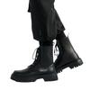 Men's Black British-Style Soft Leather High-Top Martin Boots with Thick Soles for Autumn and Motorcycle Wear.