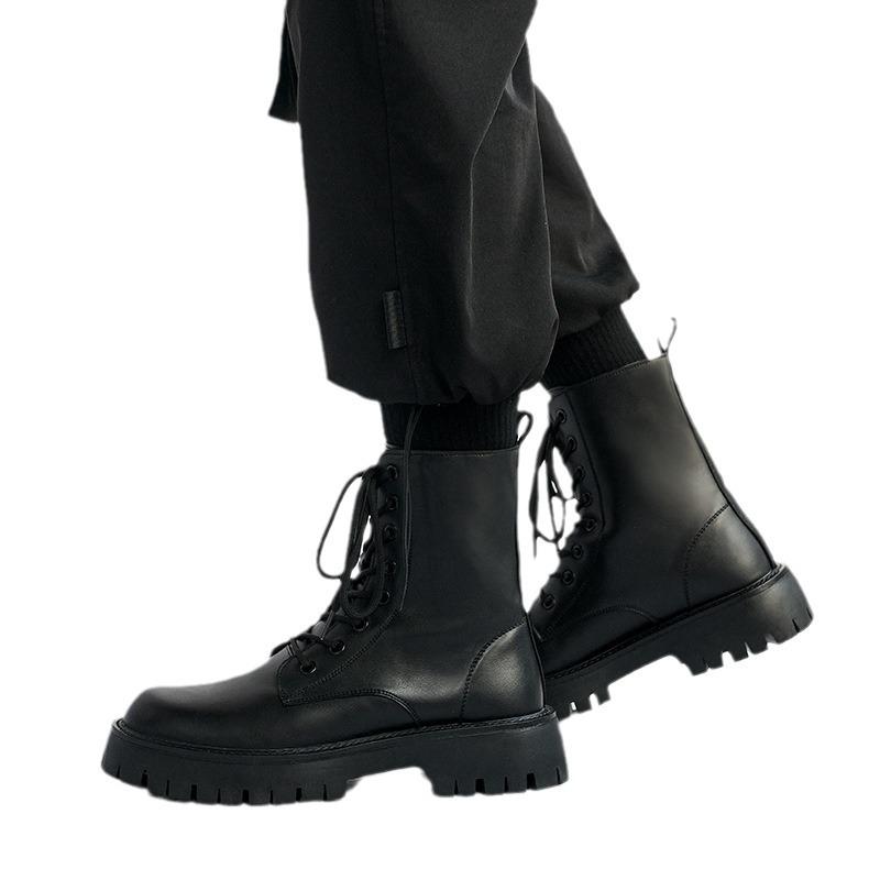 Men's Black British-Style Soft Leather High-Top Martin Boots with Thick Soles for Autumn and Motorcycle Wear.