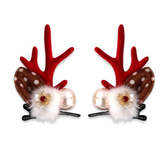1 Pair Christmas Hairpins Holiday Antlers Design Faux Pearls Plush Ball Decor Hair Clips Christmas Party Photography Props