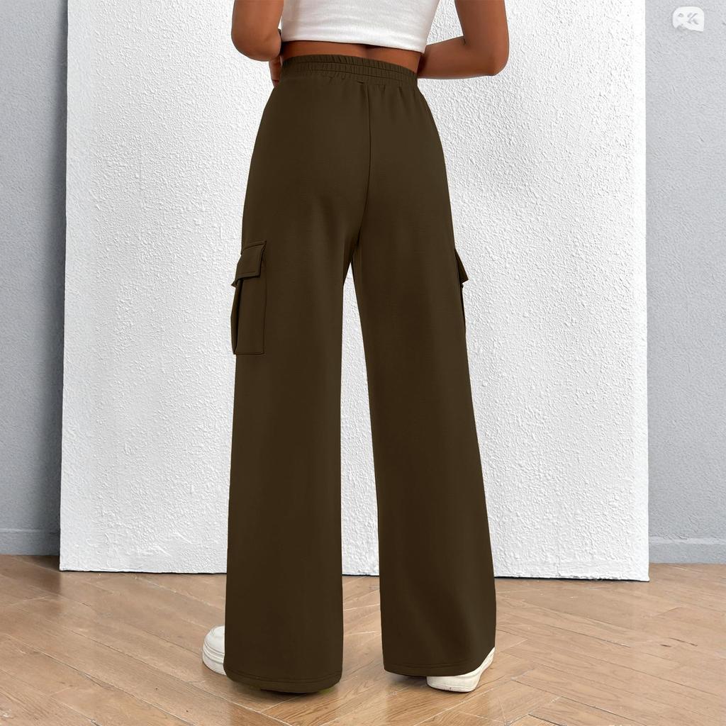 Women's Overalls Casual Lightweight Solid Color Trousers Drawstring Multi-Pockets Straight Leg Pants