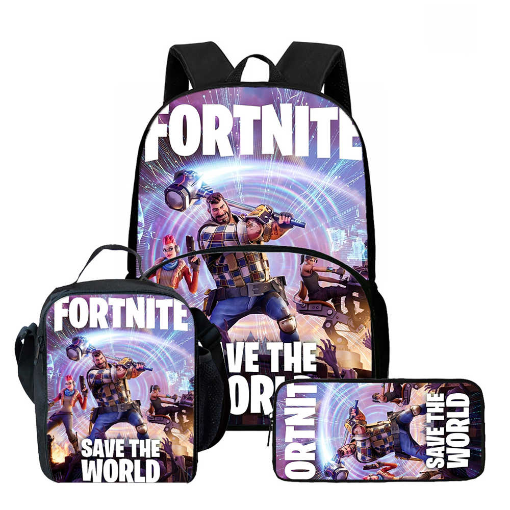 3Pcs Set School Backpack With Front Pocket & Lunch Bag & Pencil Bag,Fortnite Cartoon For Age 6-10,Lightweight For Boys & Girls
