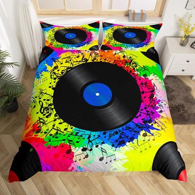 Retro Colorful Vinyl Record Duvet Cover Music Notes Comforter Cover Music Theme Bedding Set Vintage Musical CD Quilt Cover 3Pcs