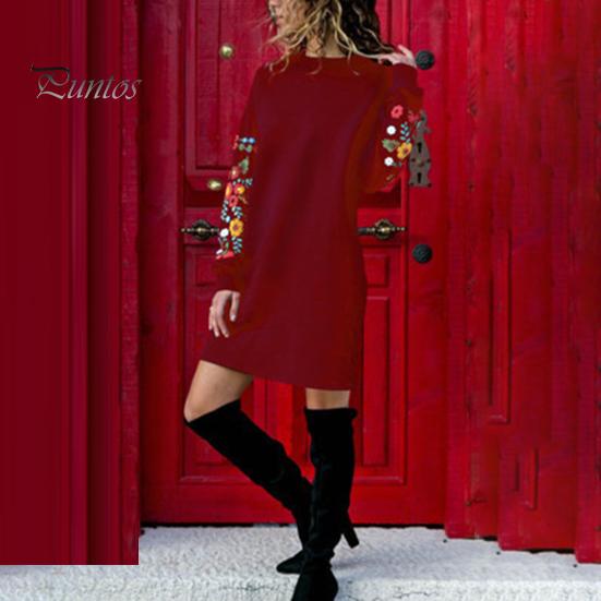 Frühlingskleid, Minikleid mit Blumenstickerei, langärmelig, Rundhalsausschnitt, lockeres Sweatshirtkleid für Verabredungen, Pendeln, Reisen