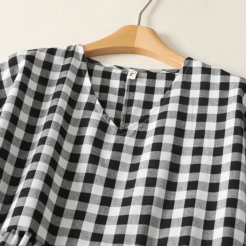 Women's Short Sleeve Plaid Shirt Dress - Fashionable, Loose-Fit, Slimming Cotton and Linen Design