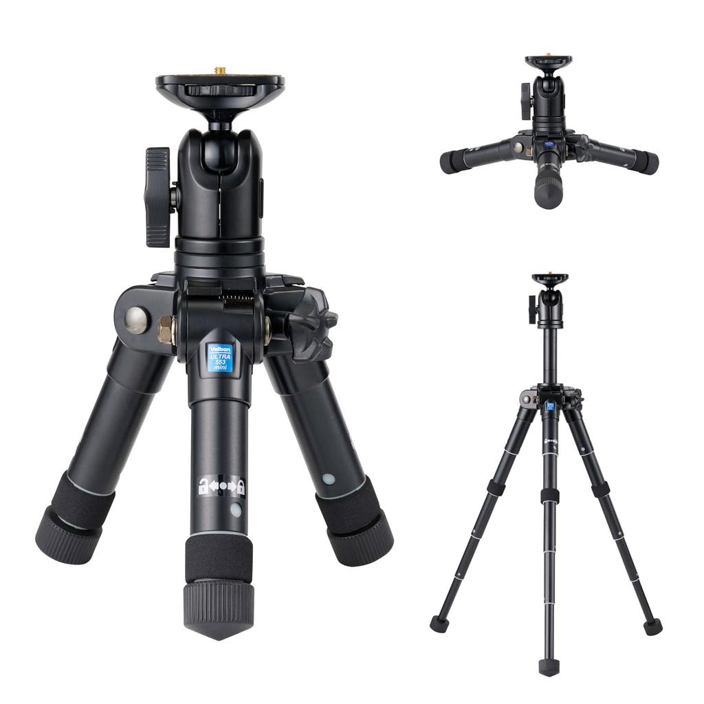 Velbon Ultra 553 Mini Table Tripod Ultra 24mm Leg Aluminum Tabletop Model Black (AZ AMZULT553MINI), 5-Section, Lock, Diameter, Compact, Free-Mounting