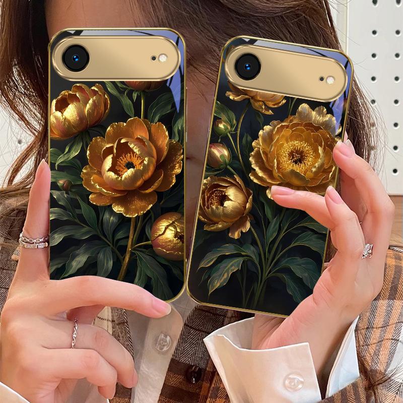 Prosperous Golden Peony For IPhone 17Pro Max 16 17 Pro 15 Pro 14 13 Plus 12 Mini 11Pro Max XR 16E 17 Air Golden glass phone case