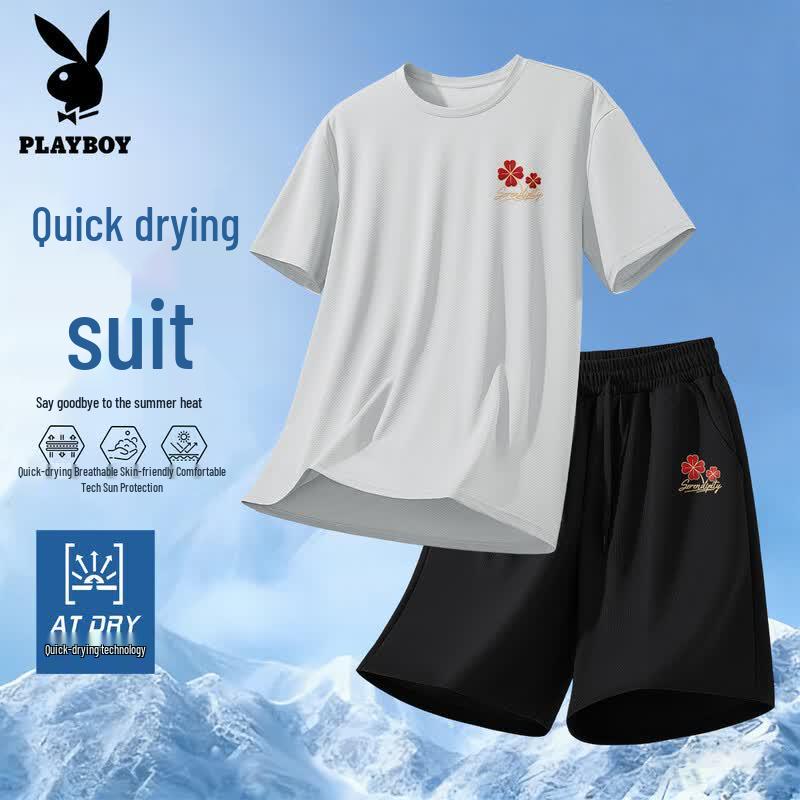 PLAYBOY Men s 2026 Summer Ice Silk Quick-Dry T-Shirt & Shorts Set M