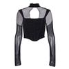 Europe and the United States Popular Women's Clothing Mesh Long-sleeved Fishbone Square Collar Perspective Backless Neck T-shirt, Top Women