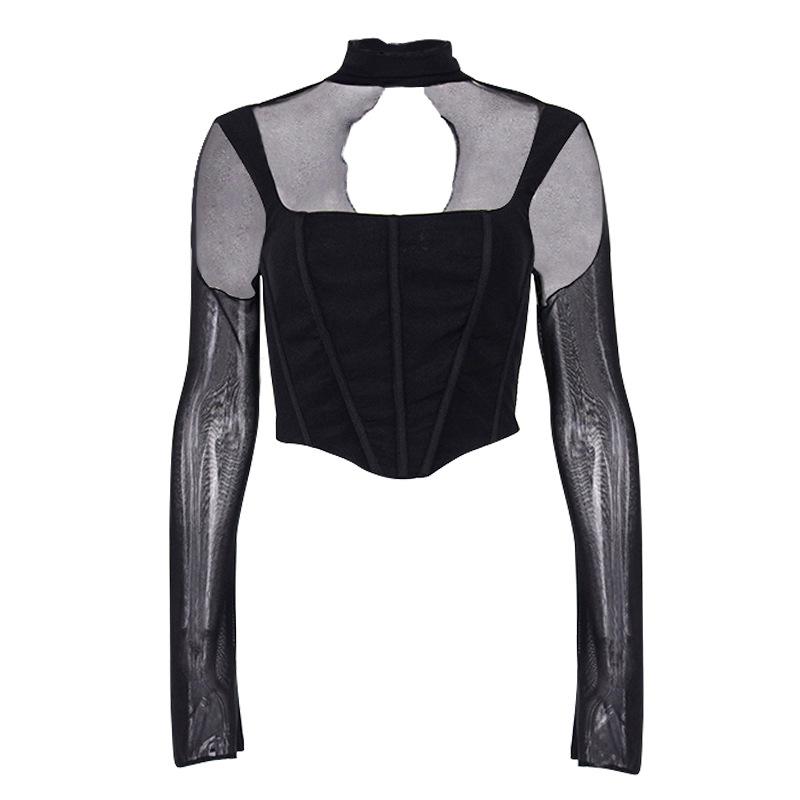 Europe and the United States Popular Women's Clothing Mesh Long-sleeved Fishbone Square Collar Perspective Backless Neck T-shirt, Top Women