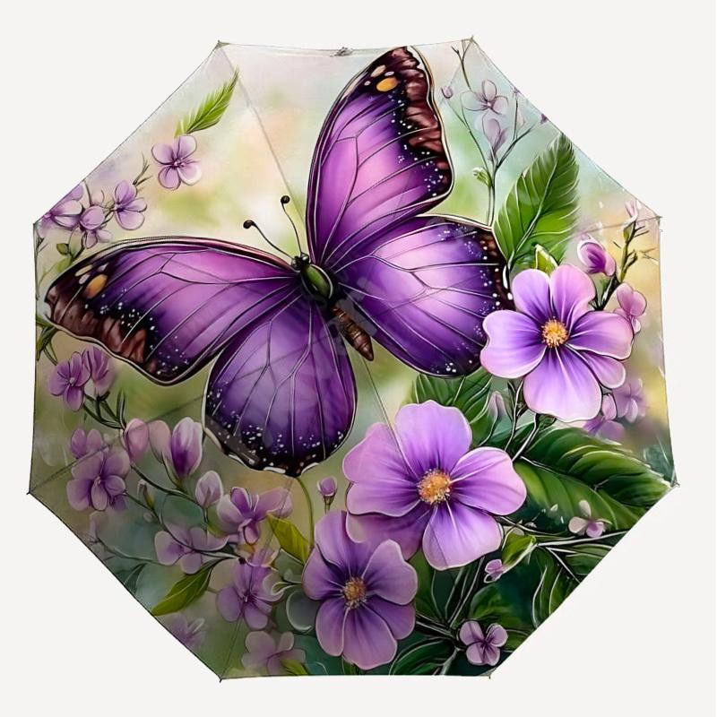 1PC Butterfly FlowersAutomatic Open/Close Umbrella with Windproof, 8-Rib Sturdy Canopy, Durable Ribs, Fashionable Design, Outdoor Accessory, Fun Prin,