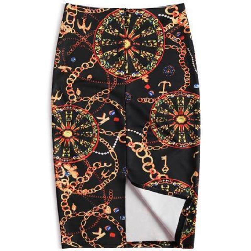 Summer Cartoon Print Elegant Pencil Skirt Women Bodycon High Waist Knee Length Skirt Female