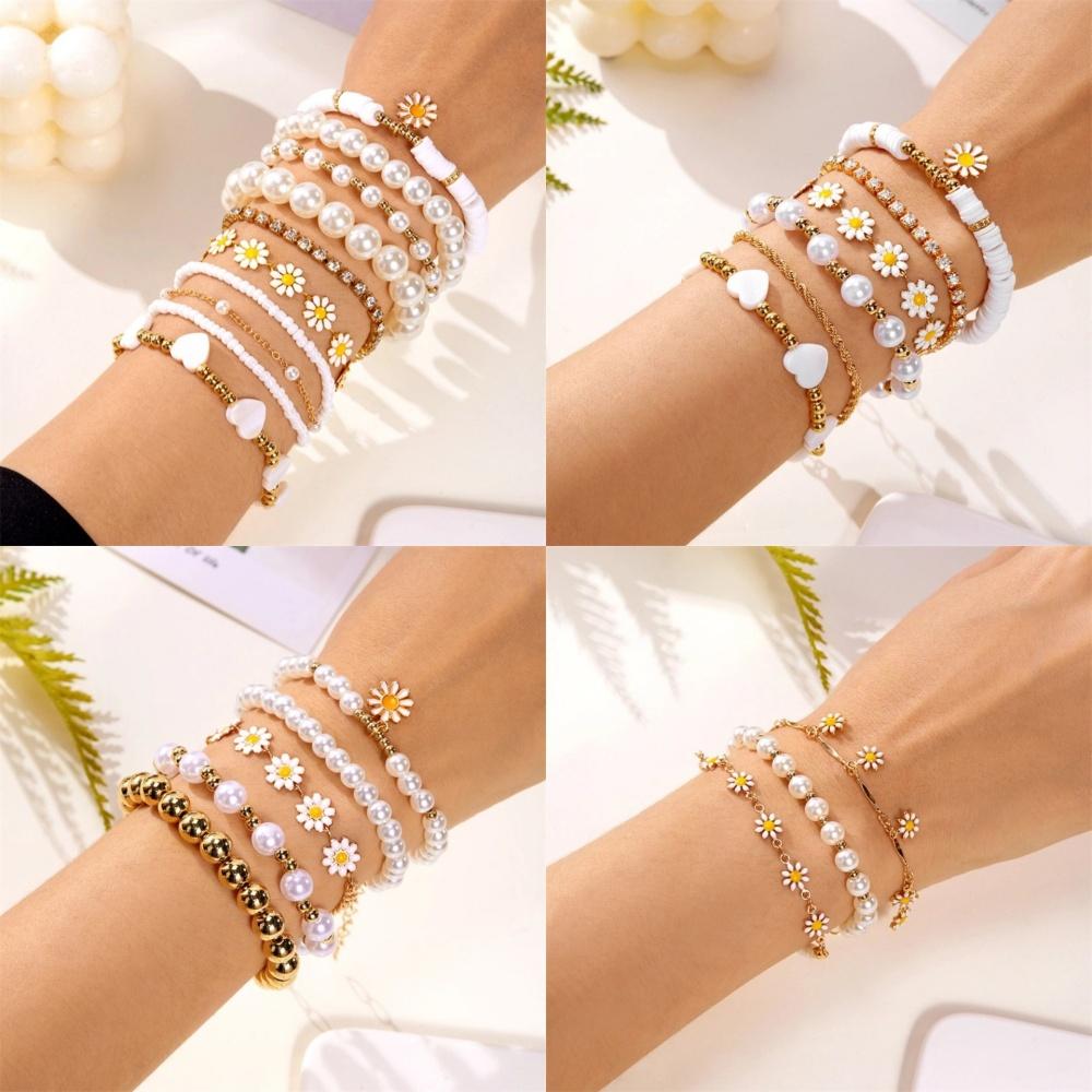 Zircon Jewelry Set Lightweight Pearl Heart Bracelet Gold Color Jewelry  Daisy Flower Bracelet For Gifts For Women Parties