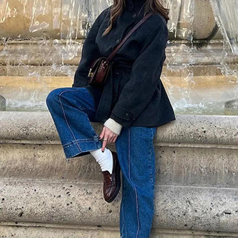 Cappotto Invernale Caldo da Donna Vintage con Lacci in Lana Moda Monopetto Tinta Unita Soprabito Retro Giacche con Collo Alto