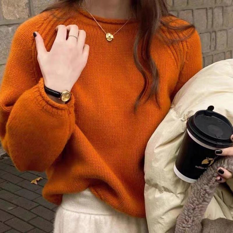 

Французский желтый вязаный свитер пуловер женский ранняя весна крупной вязки свободный ленивый стиль топ One Size оранжевый