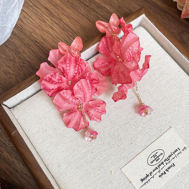 Sommer Chiffon Blumen Quasten Ohrringe für Frauen Urlaubsstil Übertrieben Süße Hängeohrringe Schmuck Accessoires Geschenke