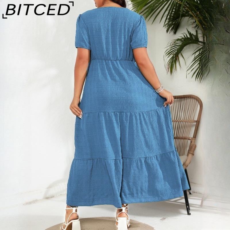 BITCED Damen Quadratischer Ausschnitt Rückenfalten Kurzarm Tasche Kleid