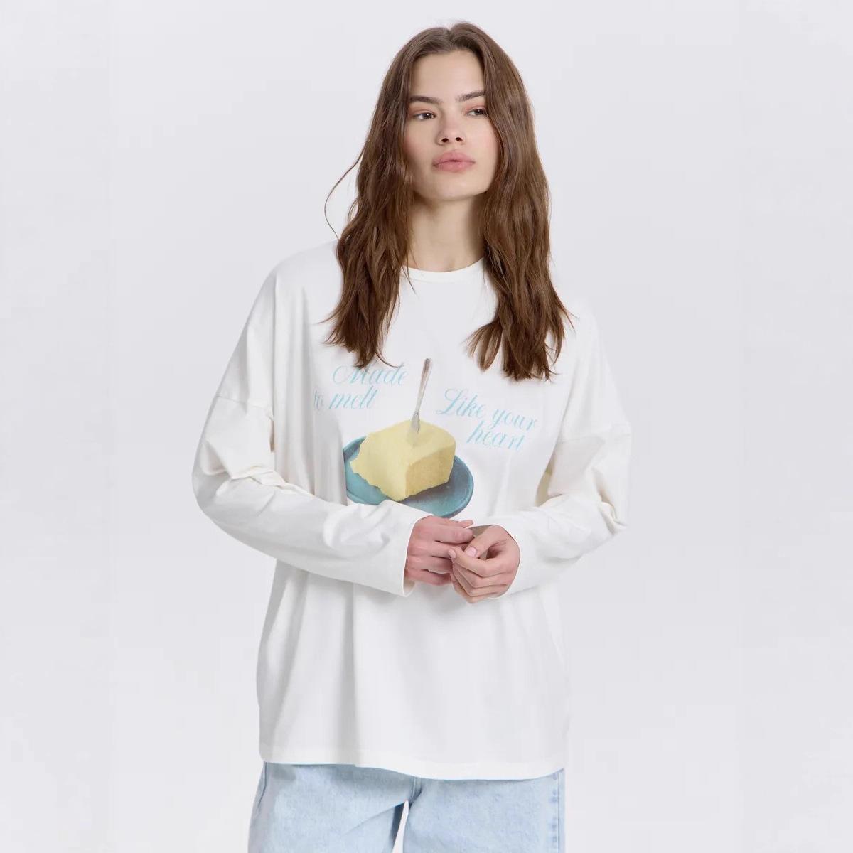 

Fashion Casual Age Reduction Chic Cute Cheese Printing Autumn American New Versatile Personality Cotton T-Shirt XXXL білий