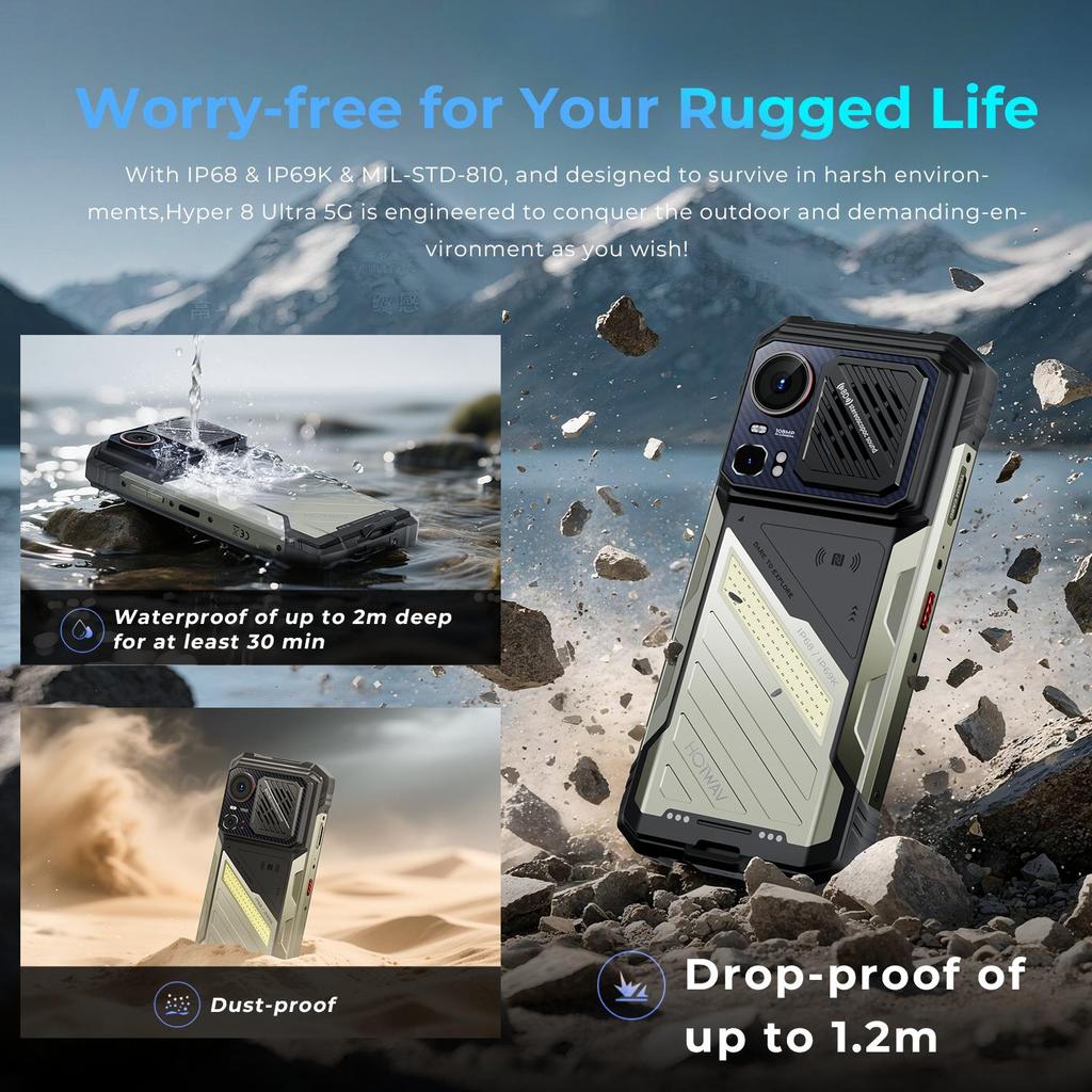 HOTWAV Hyper 8 Ultra 5G Outdoor Mobile Phone, Android 15 32GB+512GB, 12000mAh ,Walkie-Talkie+125 dB Super Loudspeaker ,108MP,Dual SIM/NFC/GPS