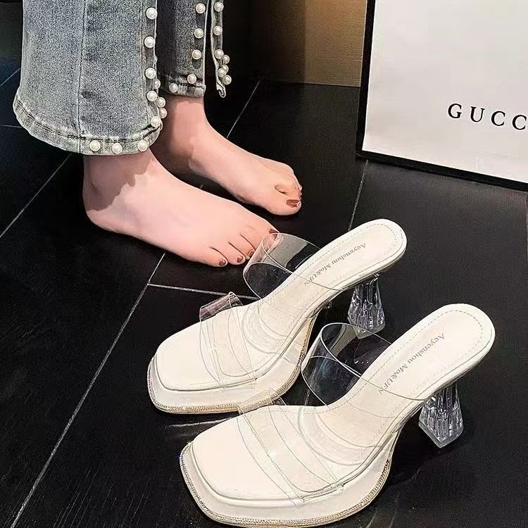 2025 Summer New Popular Transparent Crystal Heel Waterproof Table Thick Heel High Heel Cool Slippers Wear Fairy Style Women's Shoes