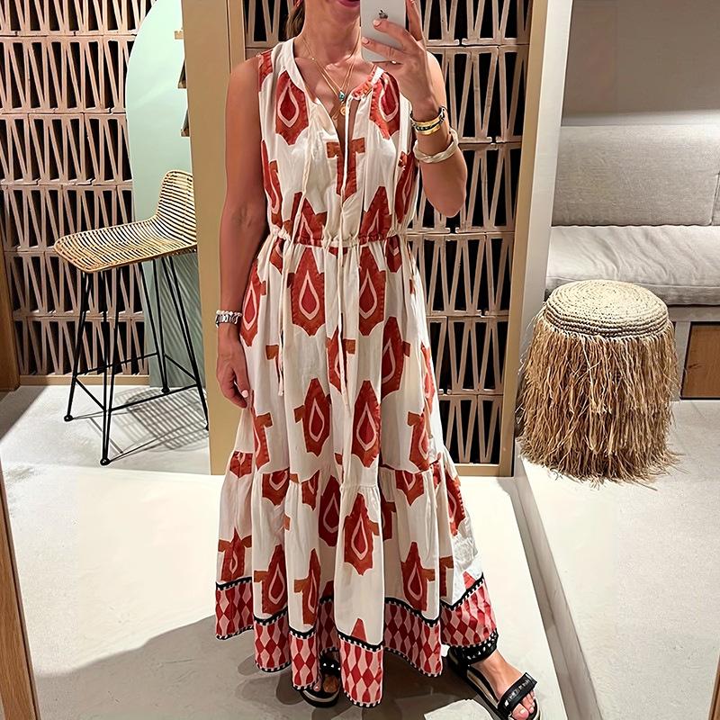 Spot European and American summer new women s fashion temperament printed sleeveless printed dress S