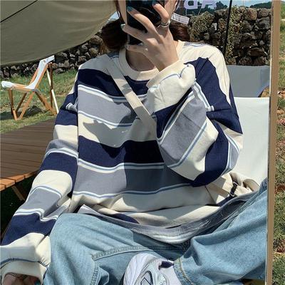 Korean Striped T-shirt Women's Loose and Versatile New Spring and Autumn Mid-length Long-sleeved Top