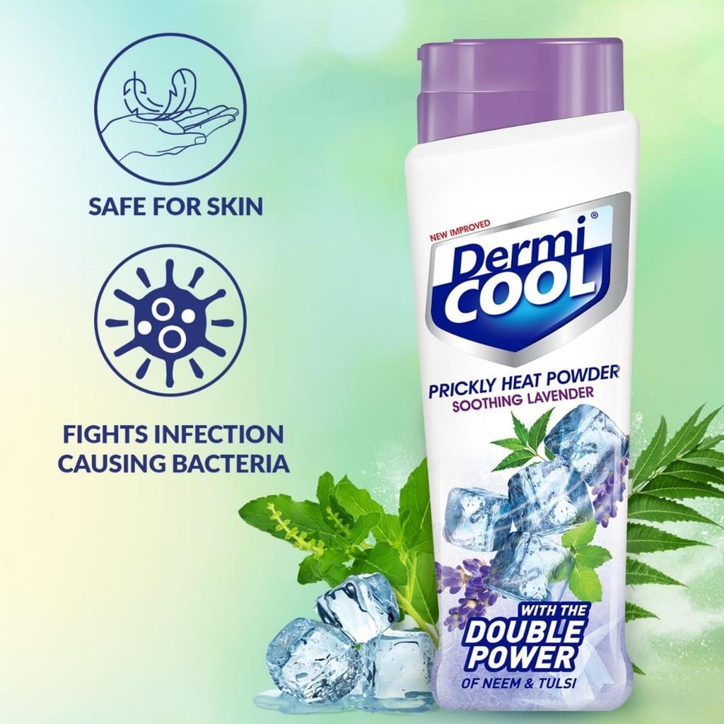 Dermicool Prickly Heat Powder for Adults and Kids Soothing Lavender 400G Pack of 1 with Cooling Relief