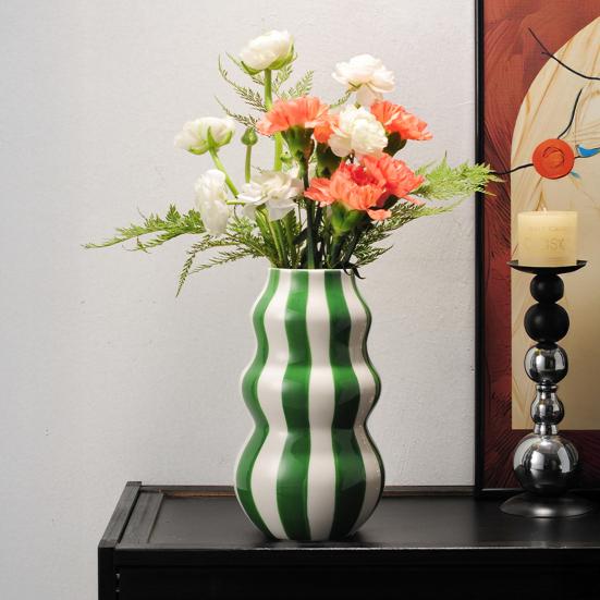 Vaso Exquisitamente Artesanal Estampa Listrada Vaso de Cerâmica Decorativo Redondo Tamanho Perfeito Vaso Decorativo Artístico Decoração para Casa