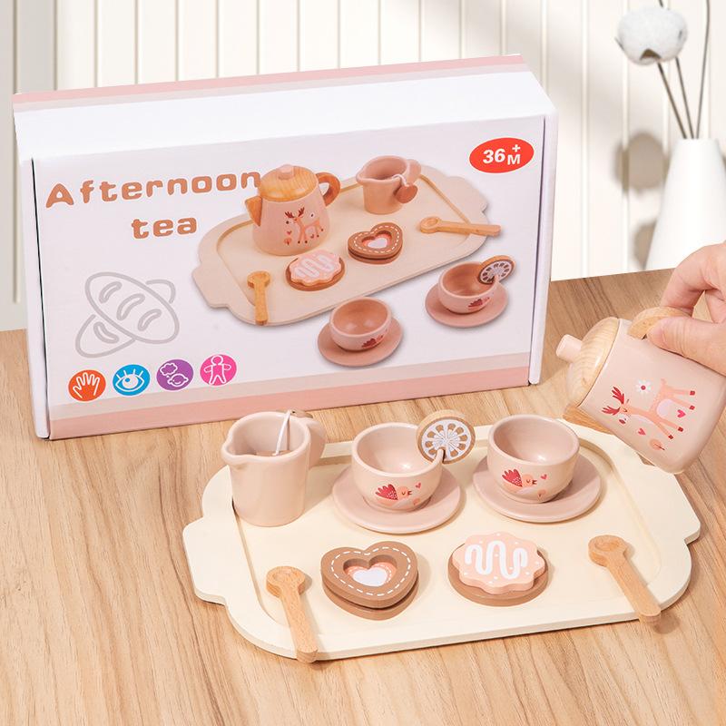 Simulation play house afternoon tea dessert cake bubble teapot cup tea set wooden toys children's breakfast toys
