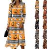 Damen Halloween-Print V-Ausschnitt Langarmkleid mit Taschen
