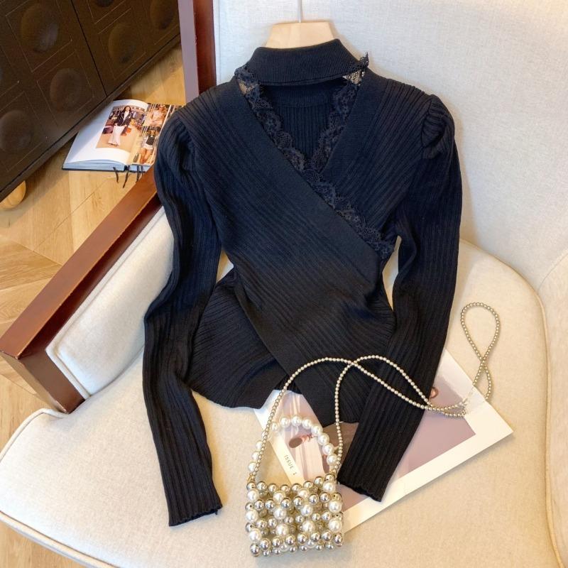 Autumn and Winter Sexy Lace V-neck Knitted Sweater for Women Fashion Slim Fit Base Pullovers Sweaters Women Elegant Solid Casual Knitwear Jumper 25567