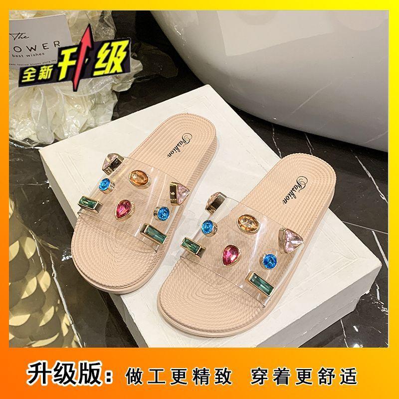 Versatile fashion women transparent Internet celebrity thick bottom cool slippers Internet celebrity rhinestone slippers wear 2025 summer and autumn 