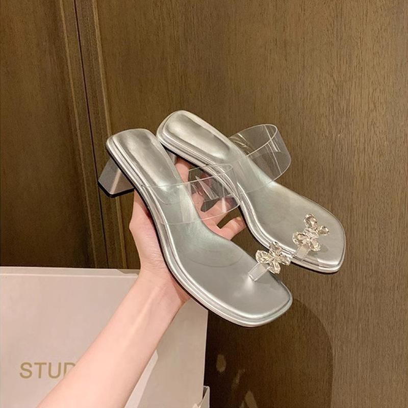 Grape mother, the same fairy character with exquisite butterfly rhinestone temperament square head transparent belt high heels cool slippers woman
