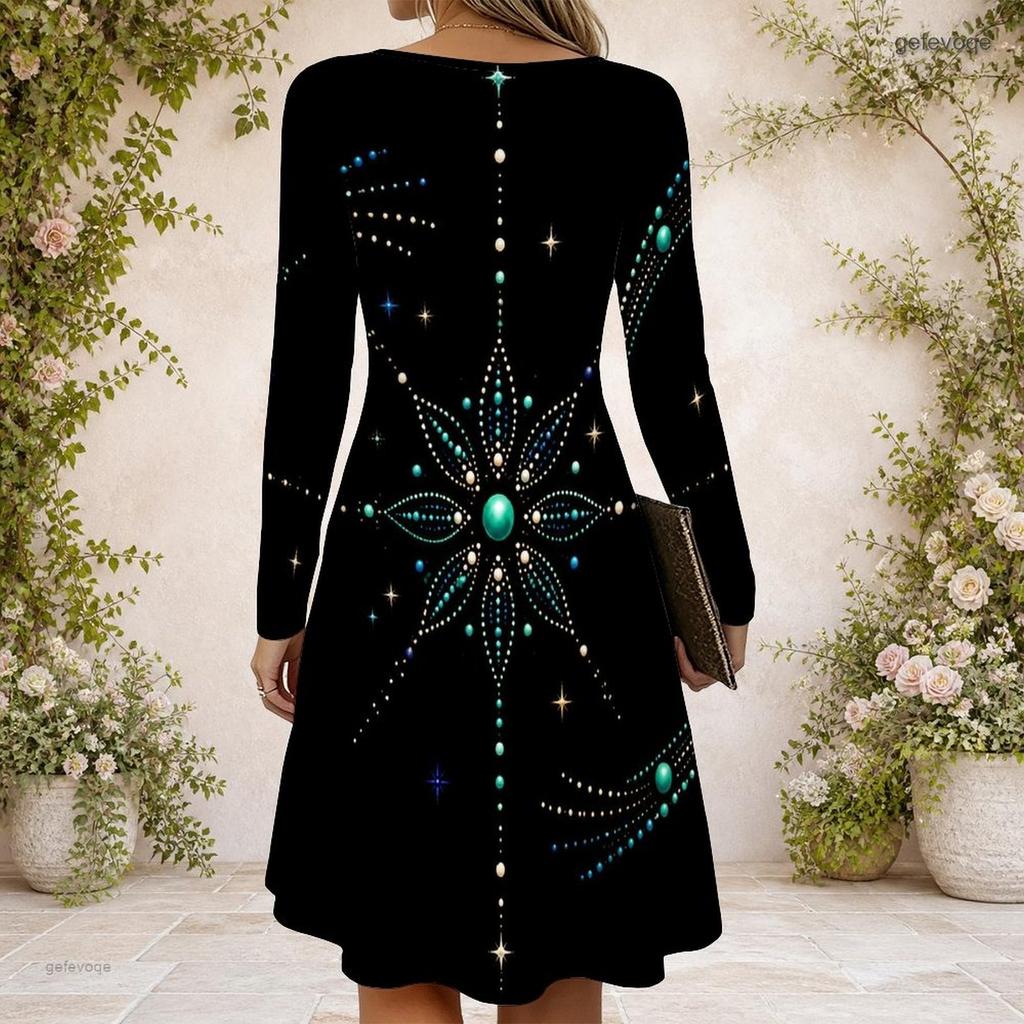 Women s Criss Cross V Neck Long Sleeve Printed Dress Black Blue Green Mandala Curved Hem