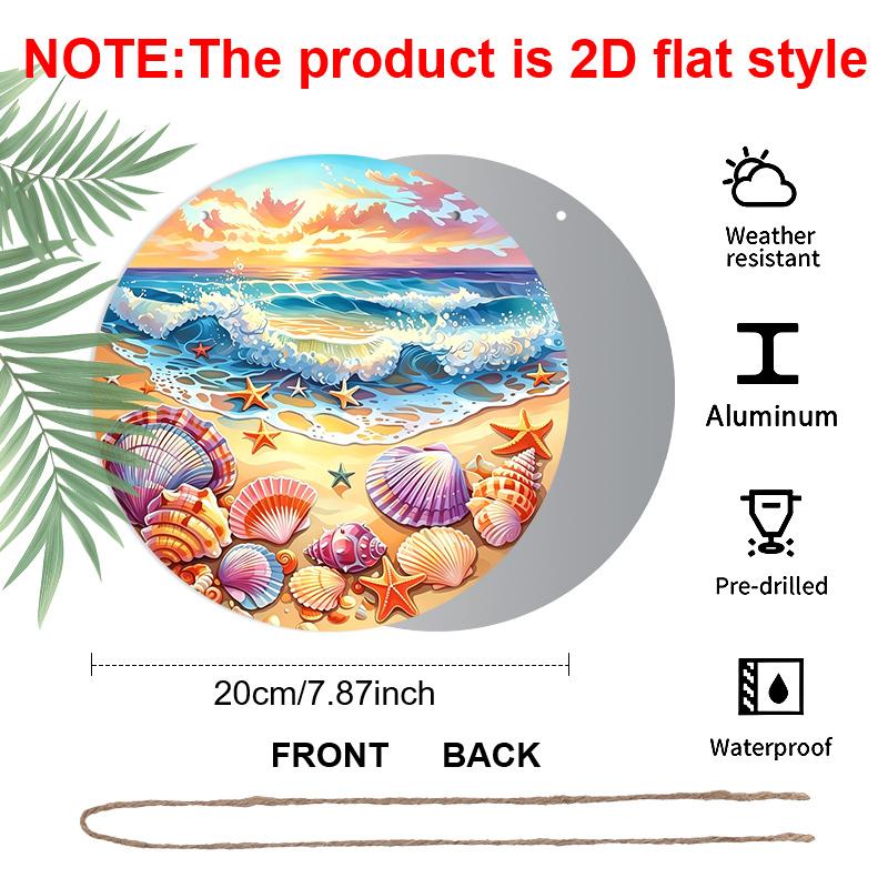 2D Flat, 1pc Round Aluminum Wall Art Plaque - Starfish and Seashell Coastal Decor, Vibrant Wave Patterns, Weather-Resistant Indoor/Outdoor Home or