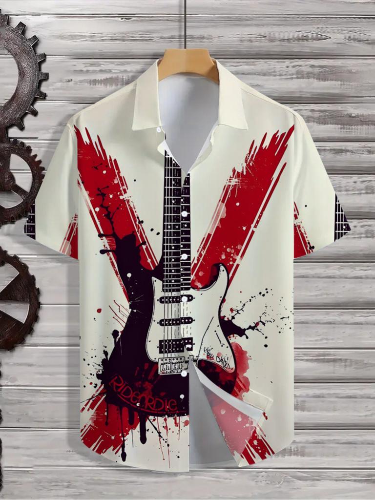Men's Fashion Hawaiian Tropical Rock Music Element Art Pattern Print Shirt, Men's Casual Short Sleeve Lapel Shirt, This Is a Perfect Gift