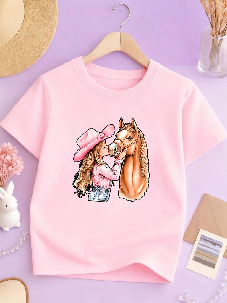 Cowgirl Kiss Horse Western Style Print Kids T Shirt Boys Girls Polyester Short Sleeve Parent Child Elegant Animal Summer Casual Tee