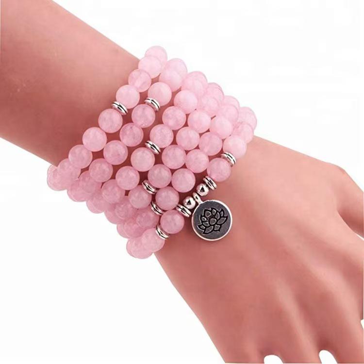 Natural Pink Crystal Bracelet with Lotus Ohm Pendant for Women - Buddhist Yoga Jewelry