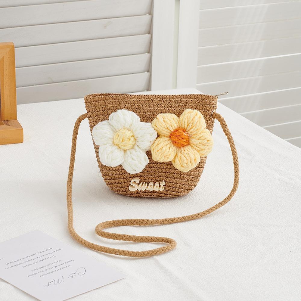 Cute Zipper Straw Bag Flower Princess Summer Beach Coin Purse Handmade Woven Storage Basket Kids