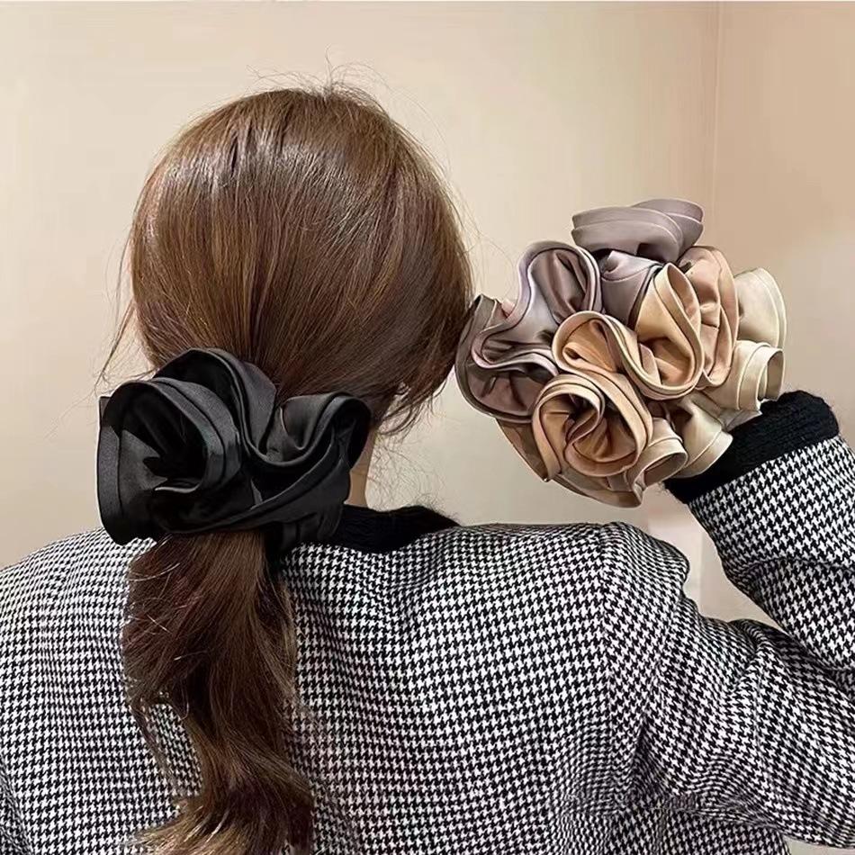 French Elegant Solid Color Scrunchies Black Brown Large Intestine Hair Bands Women Ins Fashion Flower Bud Satin Hair Ties Ropes