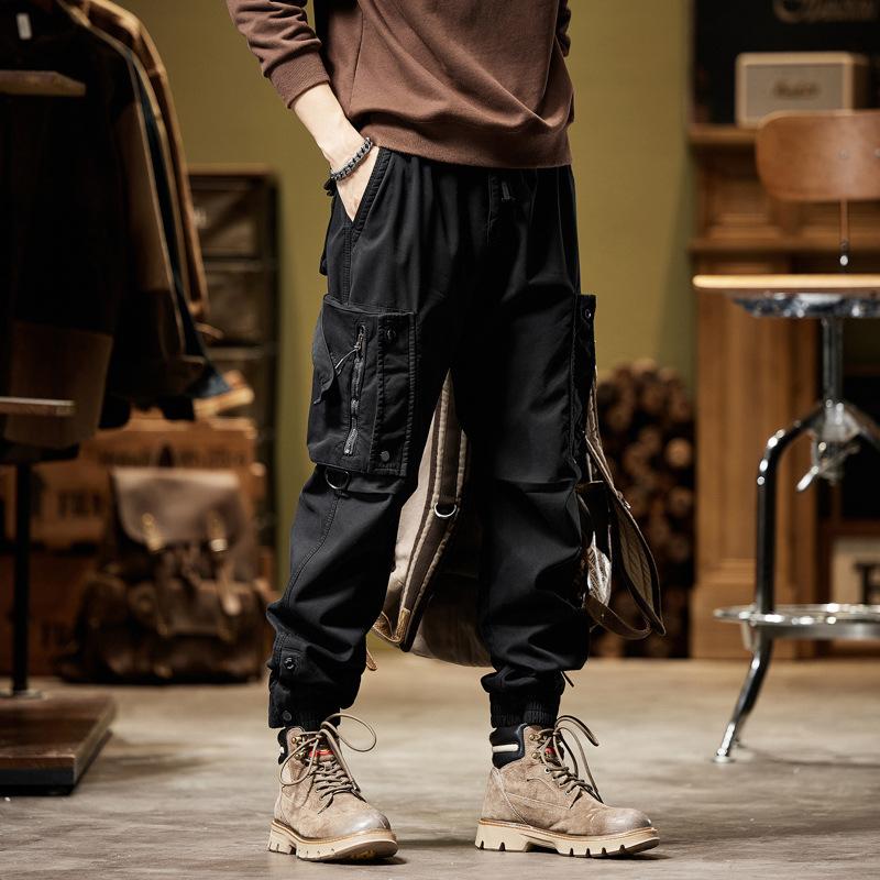 

Новый бархатный простой модный персонализированный комбинезон с завязками на щиколотках, прямые брюки, повседневные брюки, функциональный ветрозащитный стиль хай-стрит 38 чёрный