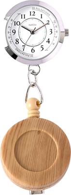 Fieldwork Women's Analog Pocket Watch with Keychain, Telescopic Reel, Wood-Look Design, Pulse Meter, and Luminous Data Display, Cute Silver Beige,