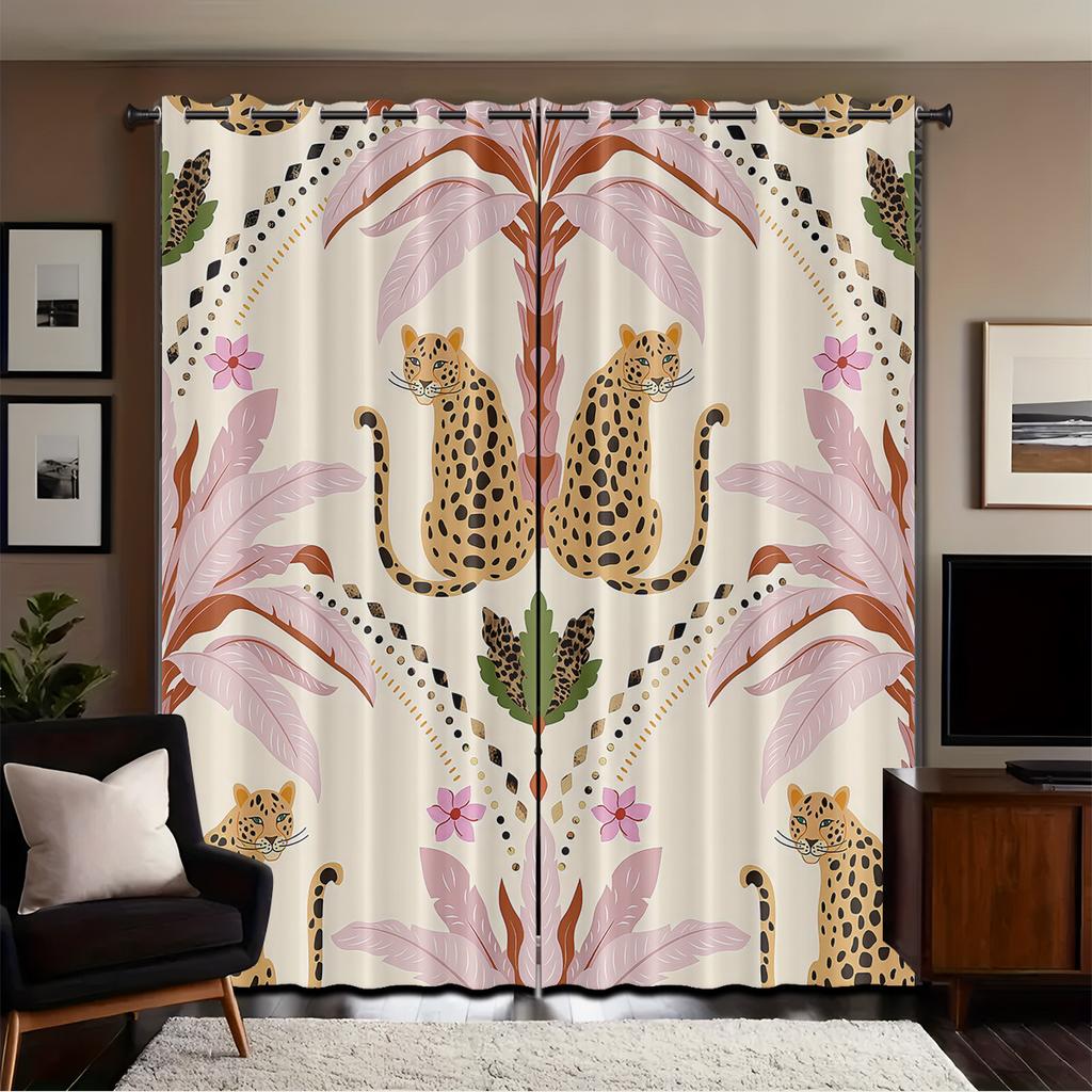 2 ks Růžové Květinové Černící Závěsy s Leopardím Vzorem   Více Velikostí Obývací Pokoj Ložnice Izolace Sváteční Dekorace Snadná Instalace