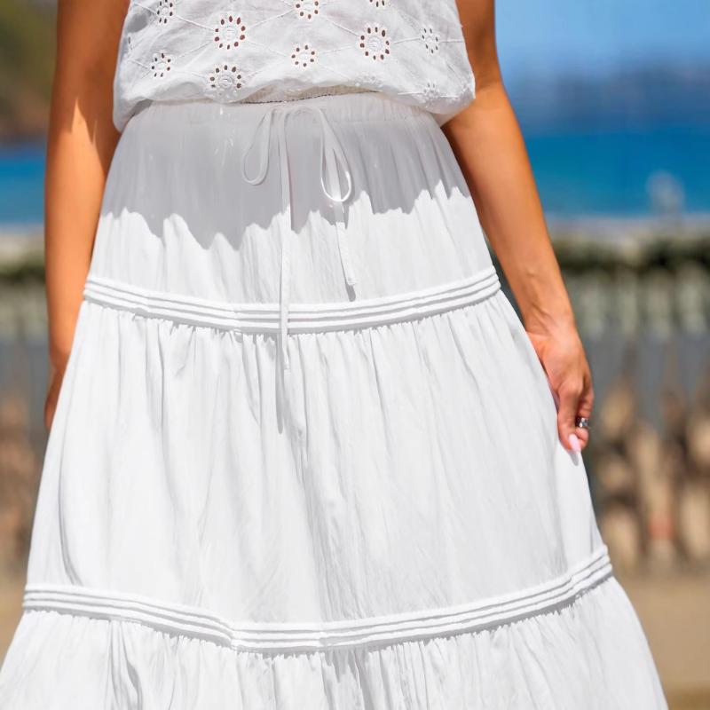 Dámská bílá elastická sukně áčkového střihu s vysokým pasem, dlouhá, jednobarevná, dortová sukně